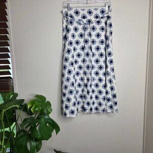 LOFT Floral Print Midi Skirt White Blue Spring Summer Casual 8 Linen Blend NEW